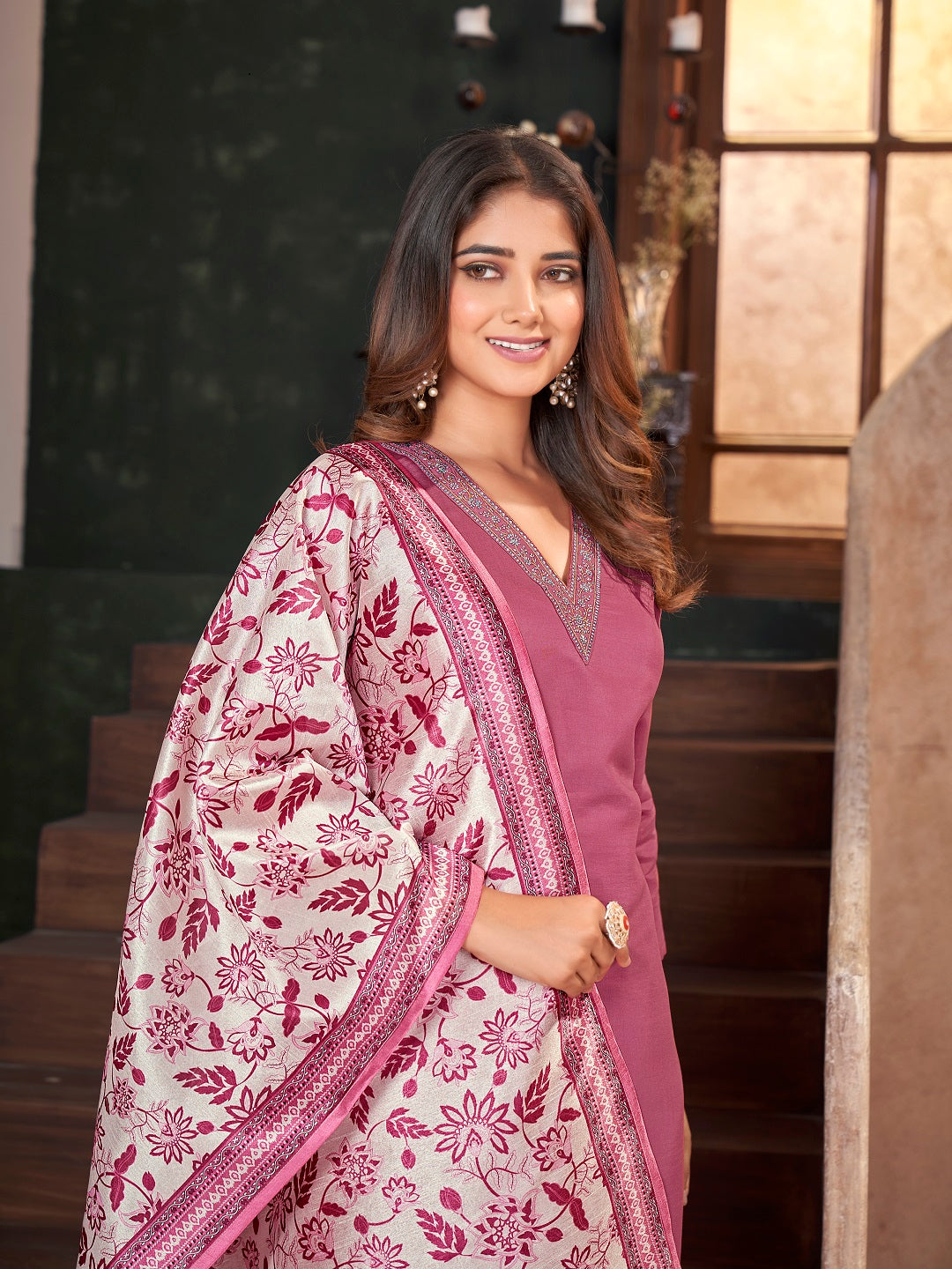 Rose Pink Solid & Embroidered Silk Straight Kurta Pant Dupatta Set