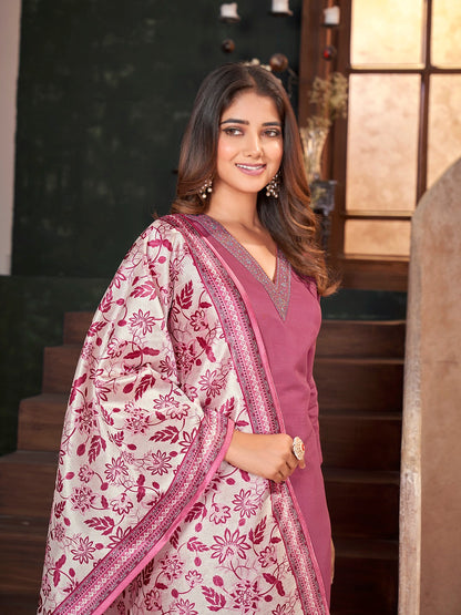 Rose Pink Solid & Embroidered Silk Straight Kurta Pant Dupatta Set