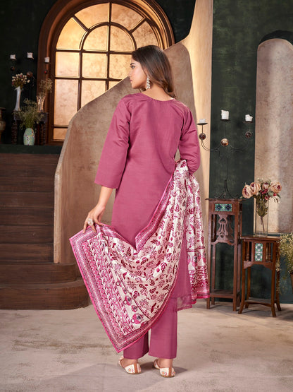 Rose Pink Solid & Embroidered Silk Straight Kurta Pant Dupatta Set