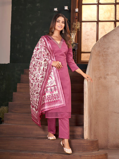 Rose Pink Solid & Embroidered Silk Straight Kurta Pant Dupatta Set