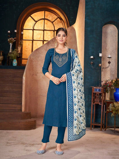 Teal Solid & Embroidered Crepe Straight Kurta Pant Dupatta Set