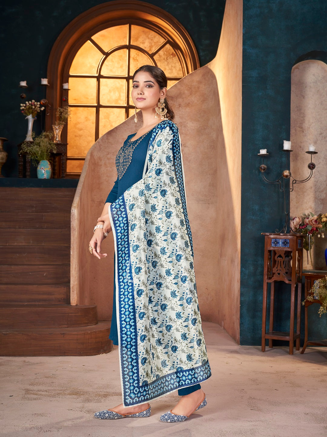 Teal Solid & Embroidered Crepe Straight Kurta Pant Dupatta Set