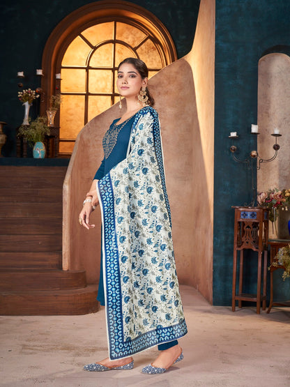 Teal Solid & Embroidered Crepe Straight Kurta Pant Dupatta Set