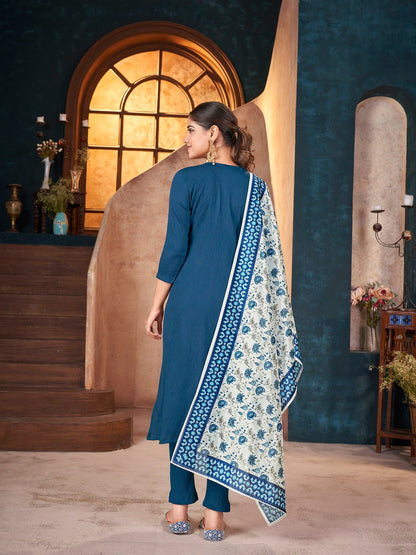 Teal Solid & Embroidered Crepe Straight Kurta Pant Dupatta Set