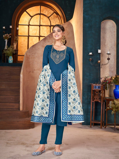 Teal Solid & Embroidered Crepe Straight Kurta Pant Dupatta Set