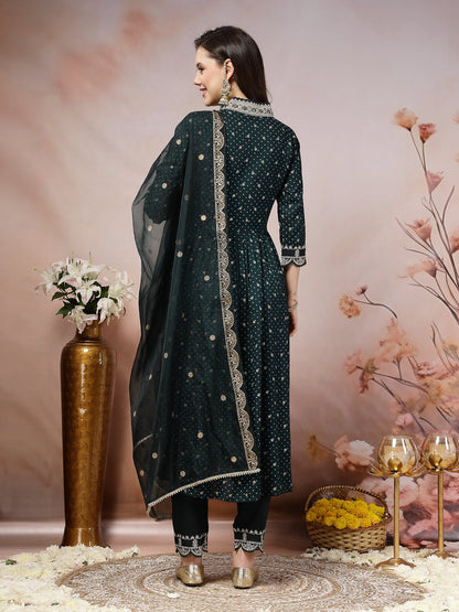 Teal Bandhani Printed & Embroidered Rayon Flared Kurta Pant Dupatta Set