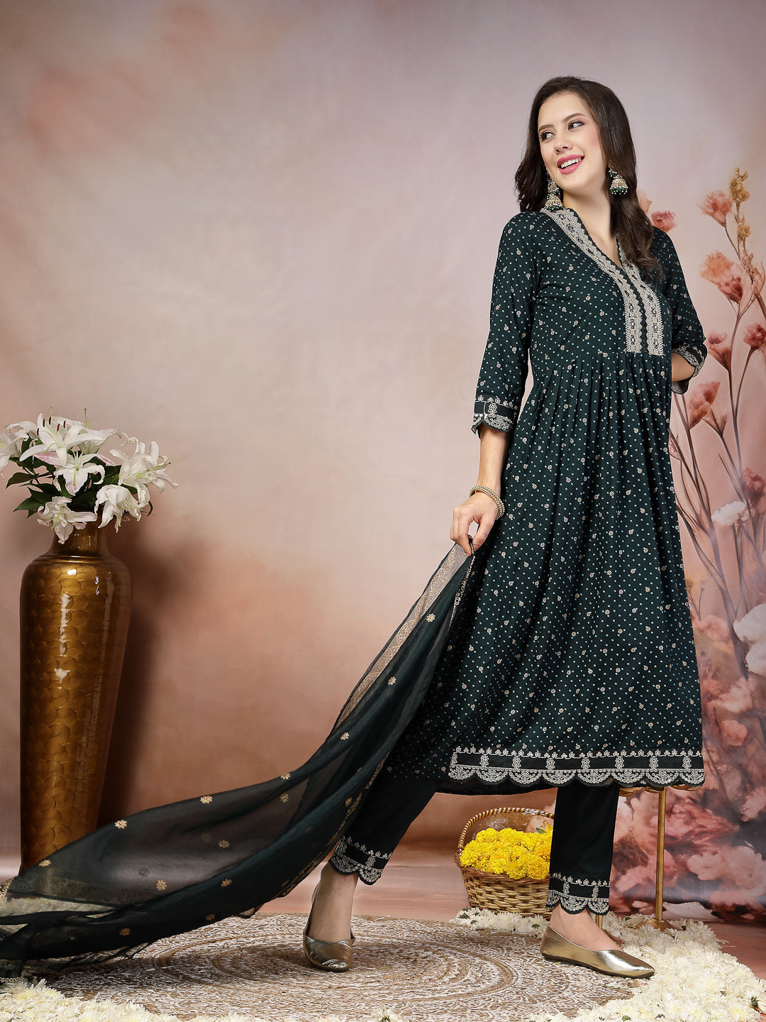 Teal Bandhani Printed & Embroidered Rayon Flared Kurta Pant Dupatta Set