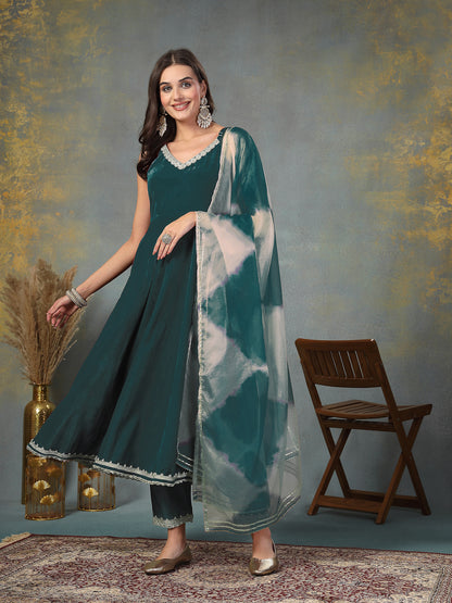 Green Solid & Embroidered Velvet Anarkali Kurta Pant Dupatta Set