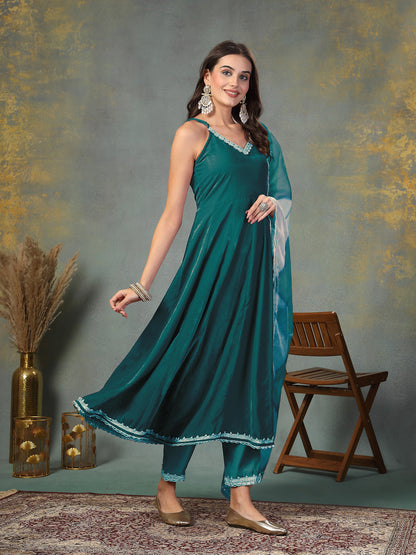 Green Solid & Embroidered Velvet Anarkali Kurta Pant Dupatta Set