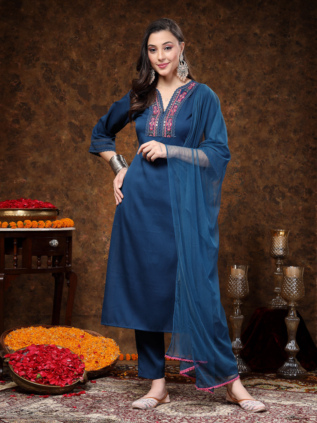 Teal Solid & Embroidered Italian Crush Straight Kurta Pant Dupatta Set