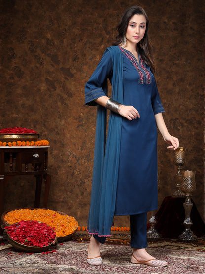 Teal Solid & Embroidered Italian Crush Straight Kurta Pant Dupatta Set