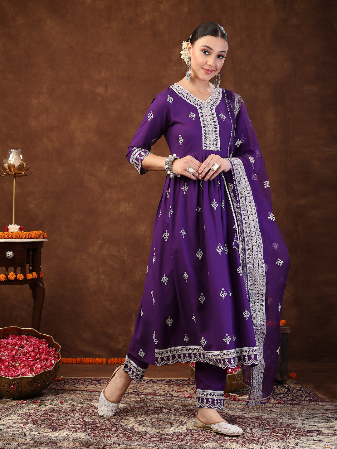 Violet Ethnic Motif Khadi Printed & Embroidered Rayon Flared Kurta Pant Dupatta Set