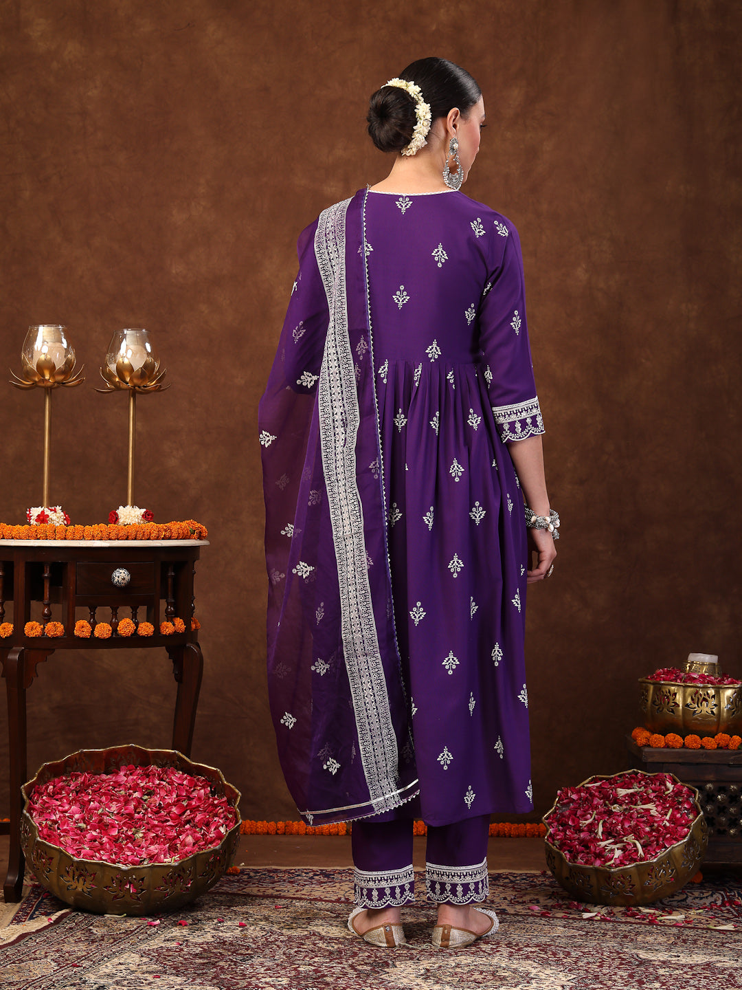 Violet Ethnic Motif Khadi Printed & Embroidered Rayon Flared Kurta Pant Dupatta Set