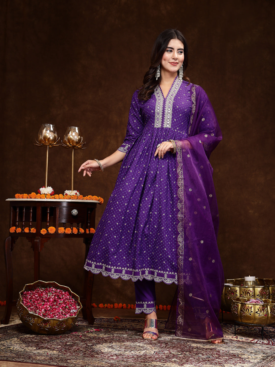 Violet Bandhani Printed & Embroidered Rayon Flared Kurta Pant Dupatta Set