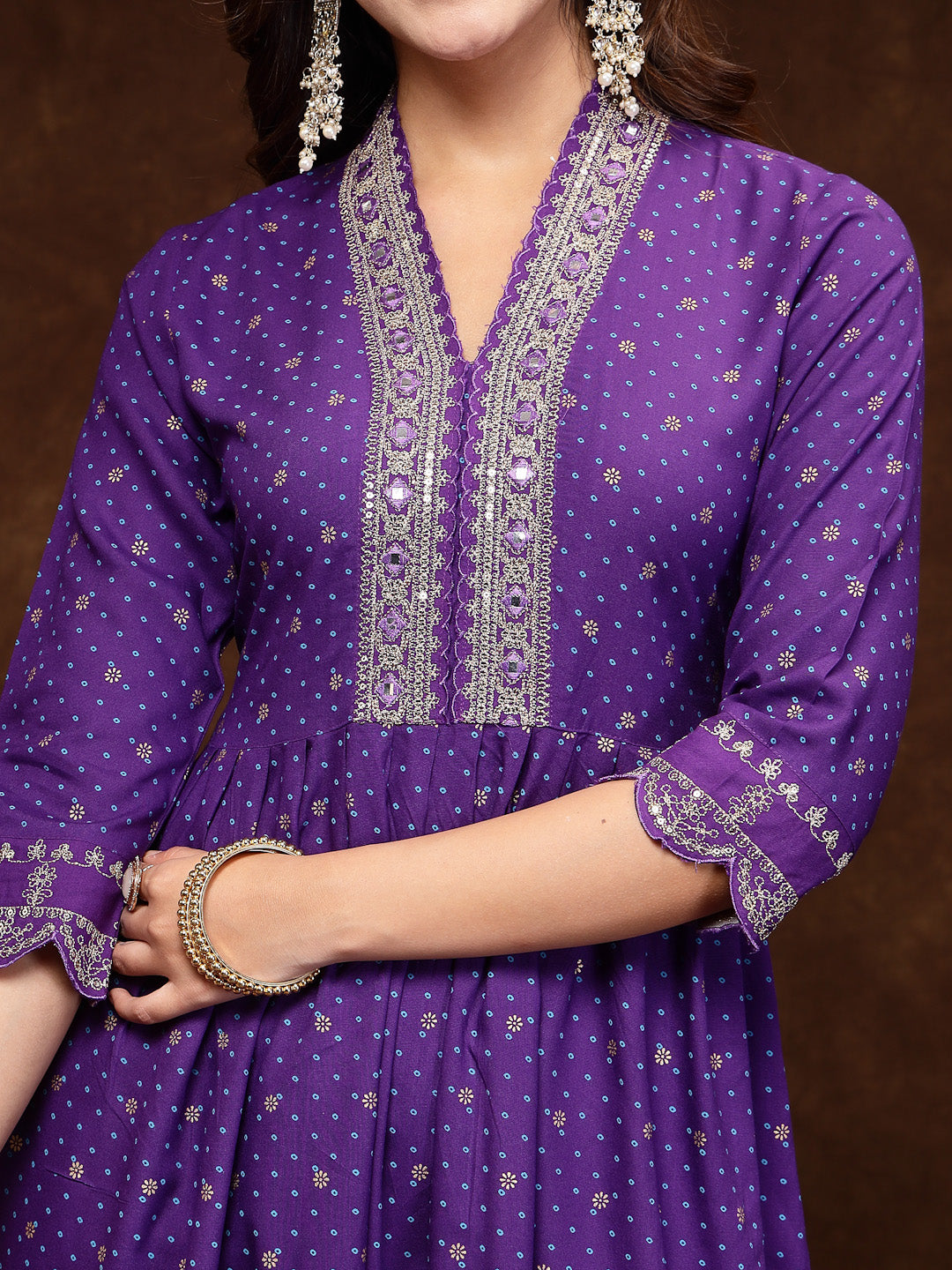 Violet Bandhani Printed & Embroidered Rayon Flared Kurta Pant Dupatta Set