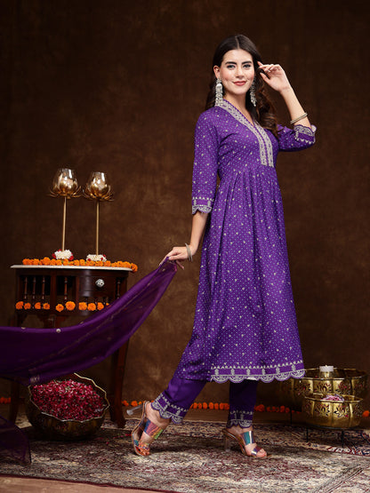 Violet Bandhani Printed & Embroidered Rayon Flared Kurta Pant Dupatta Set