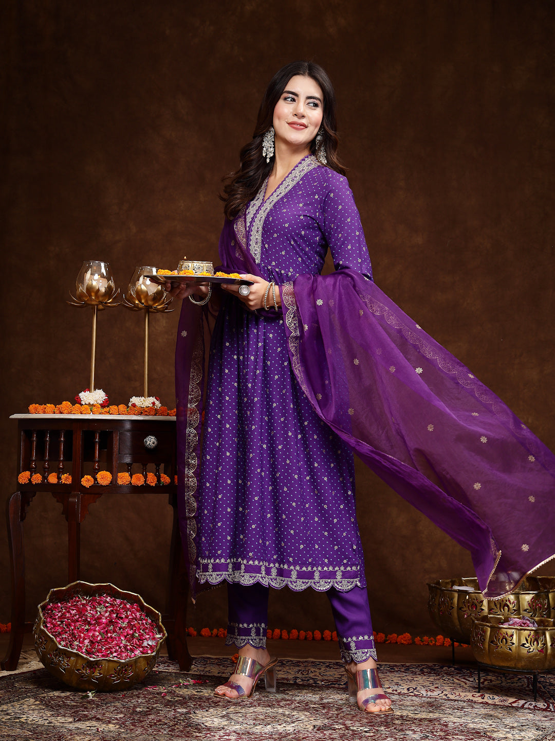 Violet Bandhani Printed & Embroidered Rayon Flared Kurta Pant Dupatta Set