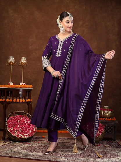 Violet Solid & Embroidered Silk Anarkali Kurta Pant Dupatta Set