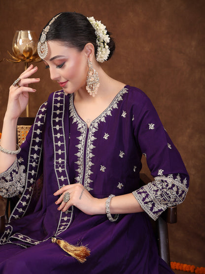 Violet Solid & Embroidered Silk Anarkali Kurta Pant Dupatta Set