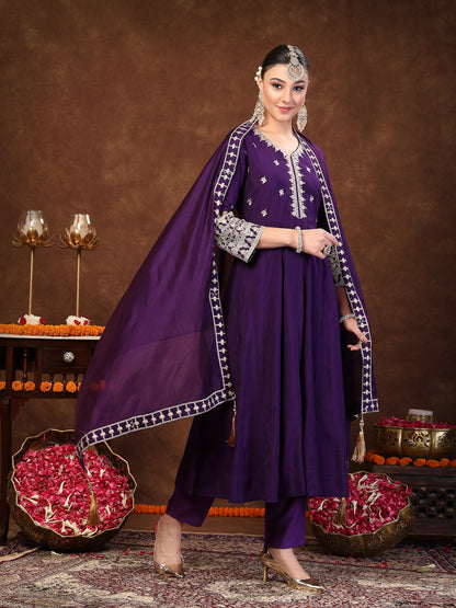 Violet Solid & Embroidered Silk Anarkali Kurta Pant Dupatta Set