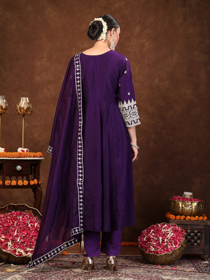 Violet Solid & Embroidered Silk Anarkali Kurta Pant Dupatta Set