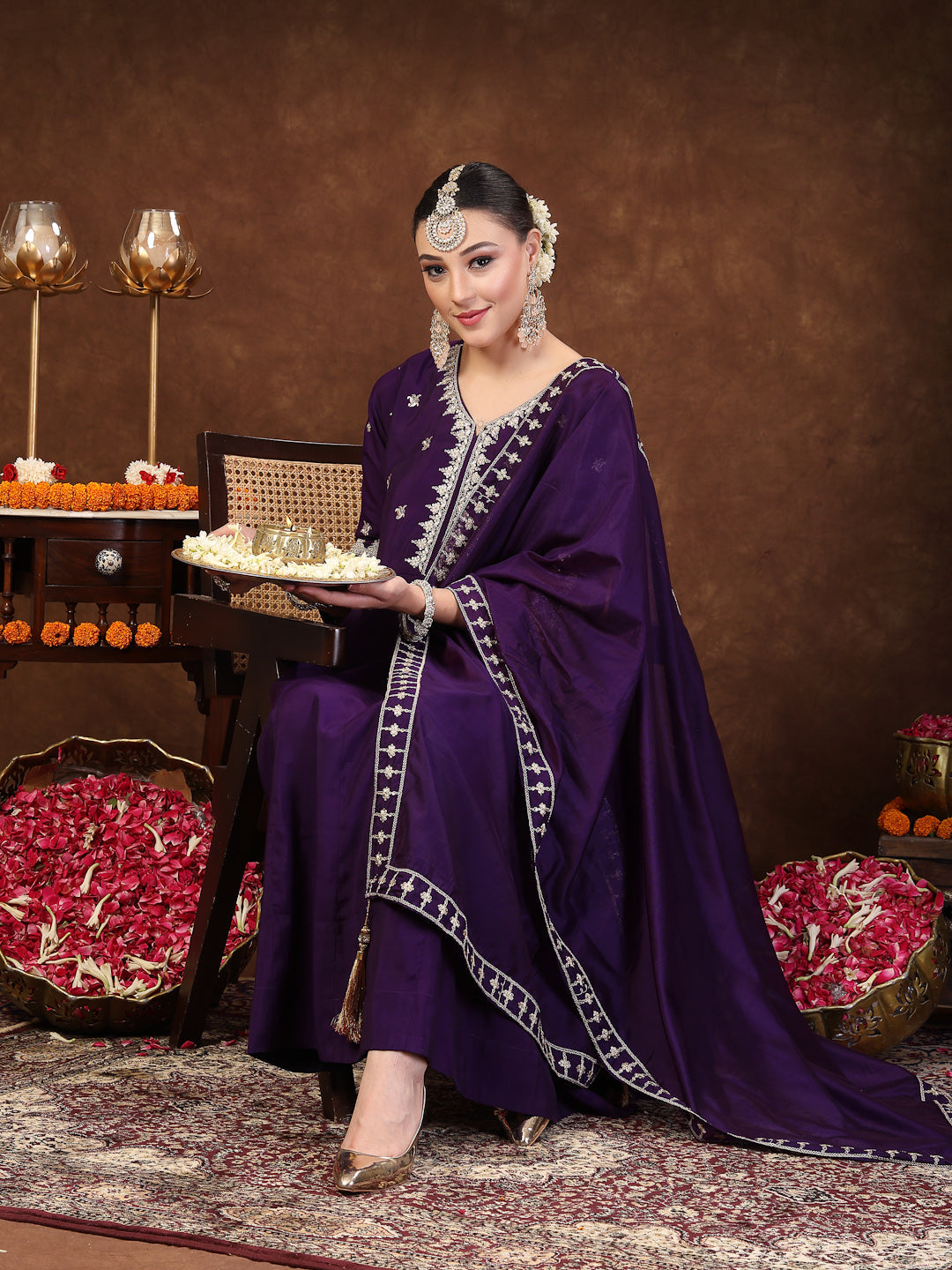 Violet Solid & Embroidered Silk Anarkali Kurta Pant Dupatta Set