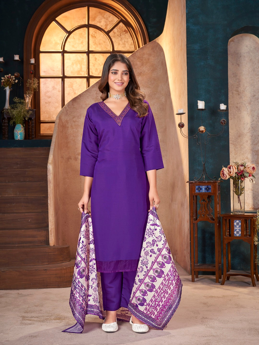 Violet Solid & Embroidered Silk Straight Kurta Pant Dupatta Set