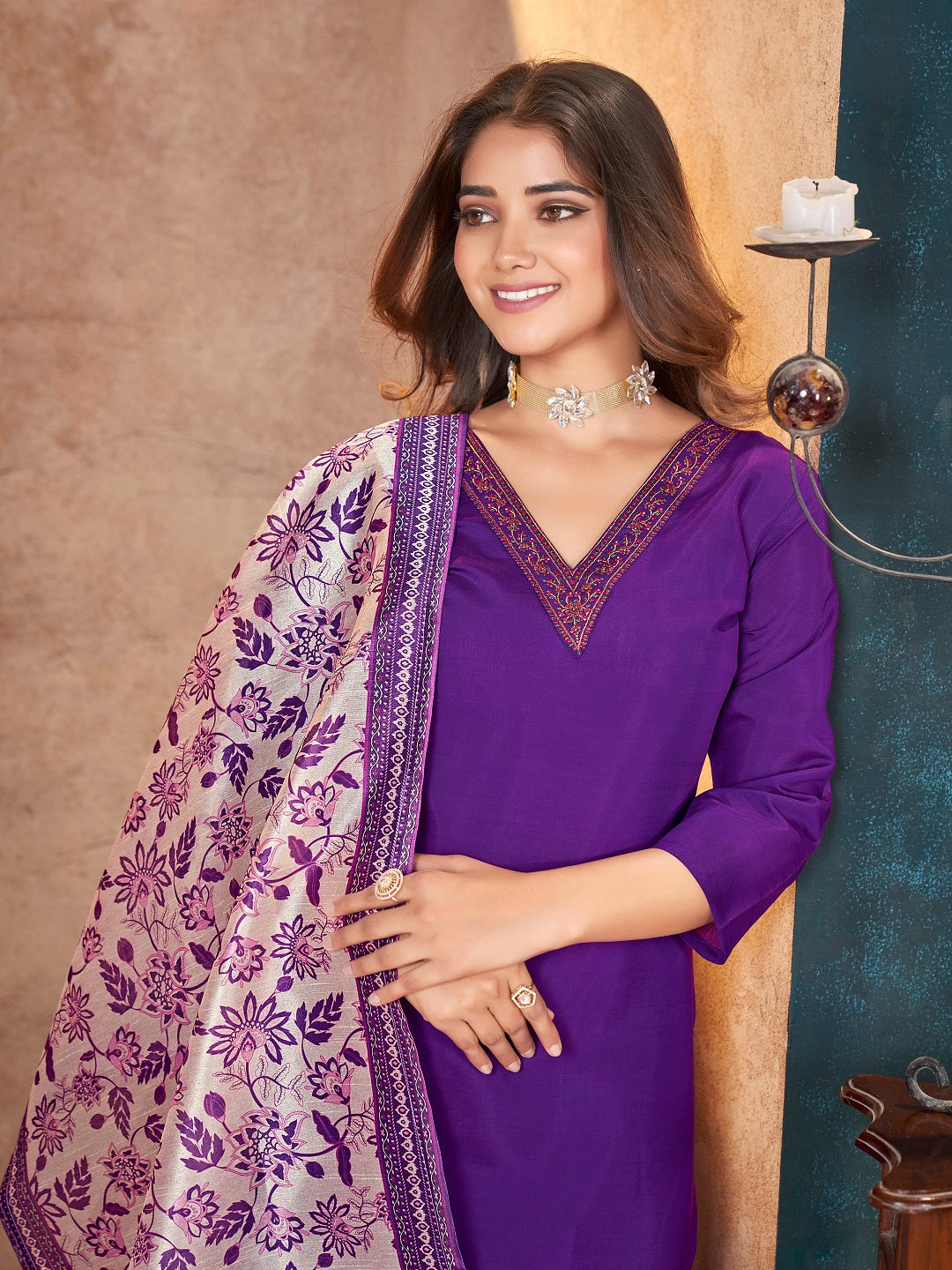 Violet Solid & Embroidered Silk Straight Kurta Pant Dupatta Set