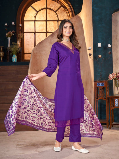 Violet Solid & Embroidered Silk Straight Kurta Pant Dupatta Set