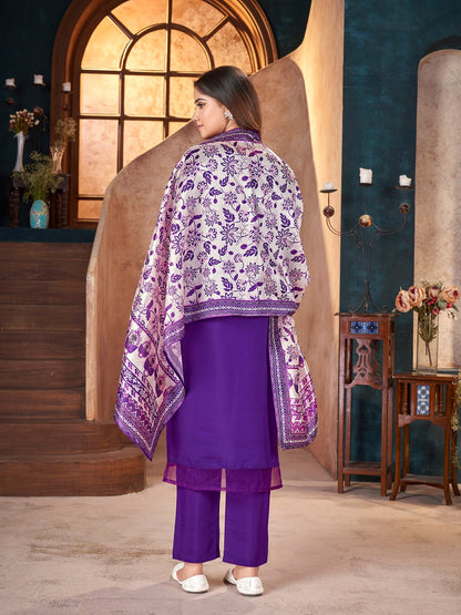 Violet Solid & Embroidered Silk Straight Kurta Pant Dupatta Set