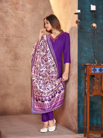 Violet Solid & Embroidered Silk Straight Kurta Pant Dupatta Set