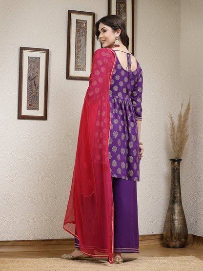 Ethnic Motif Printed Rayon A-Line Kurta Palazzo Dupatta Set