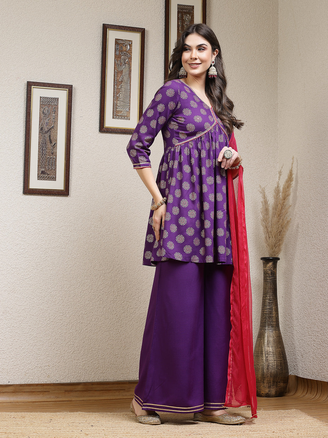 Ethnic Motif Printed Rayon A-Line Kurta Palazzo Dupatta Set