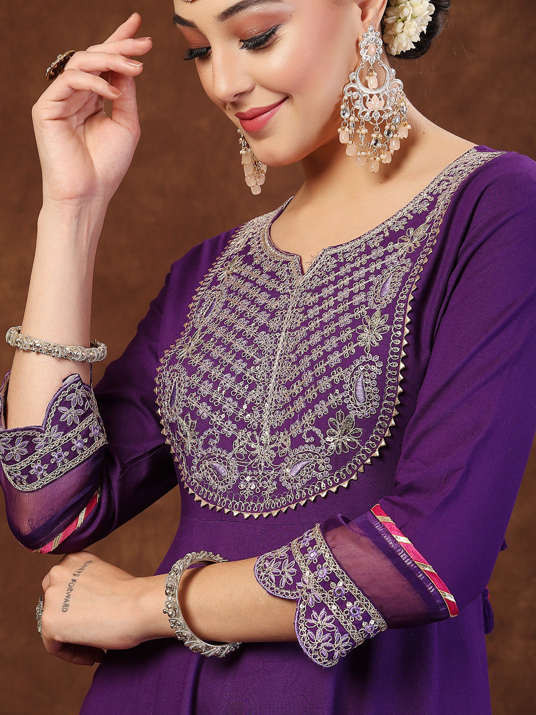 Violet Solid & Embroidered Rayon Anarkali Kurta Pant Dupatta Set