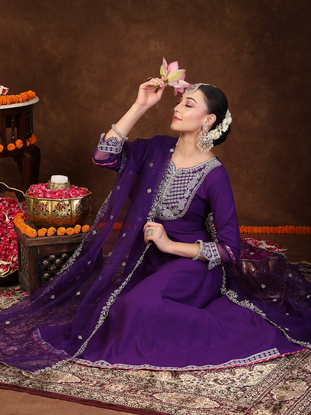 Violet Solid & Embroidered Rayon Anarkali Kurta Pant Dupatta Set