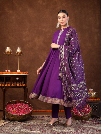 Violet Solid & Embroidered Rayon Anarkali Kurta Pant Dupatta Set