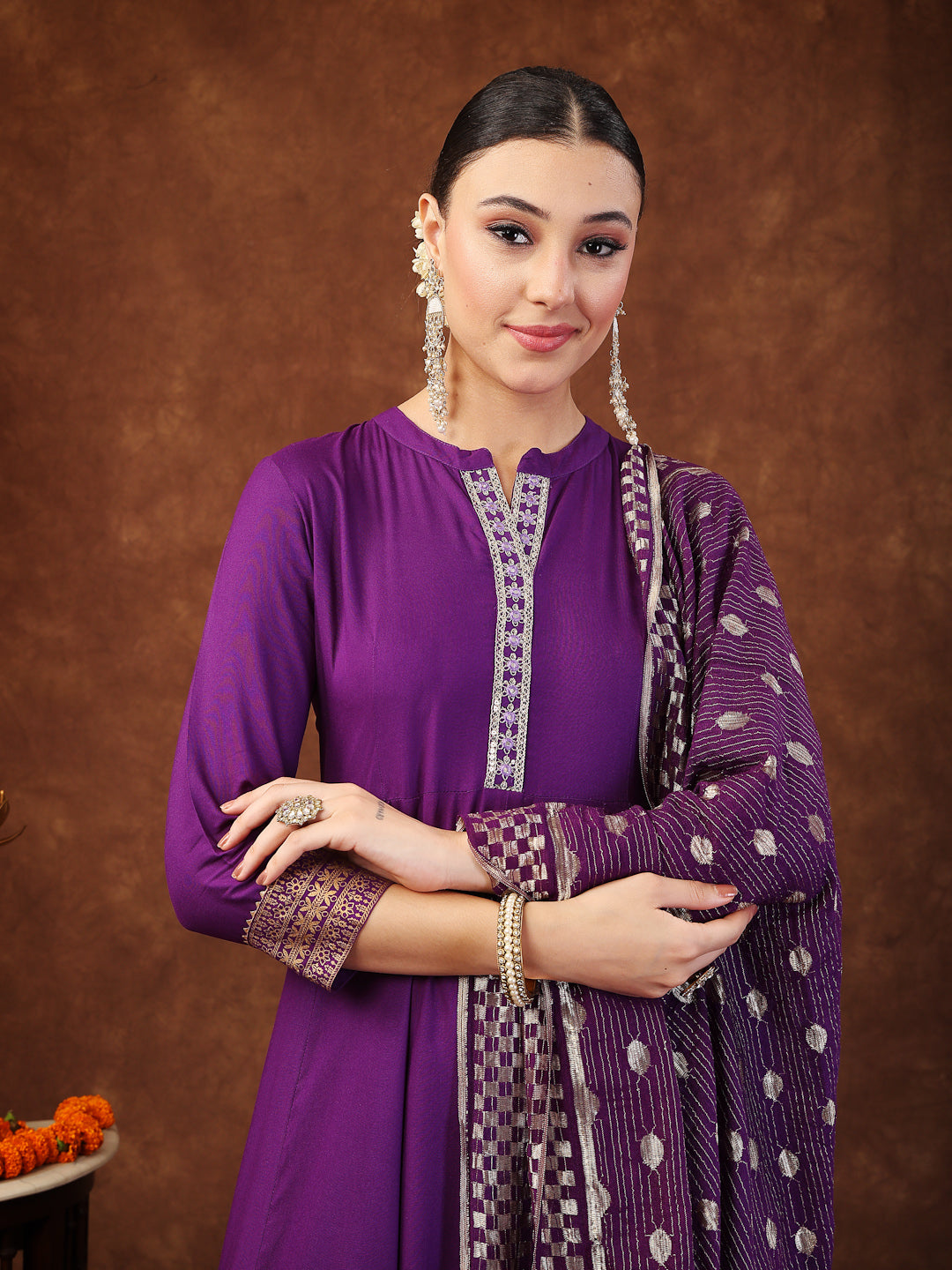 Violet Solid & Embroidered Rayon Anarkali Kurta Pant Dupatta Set