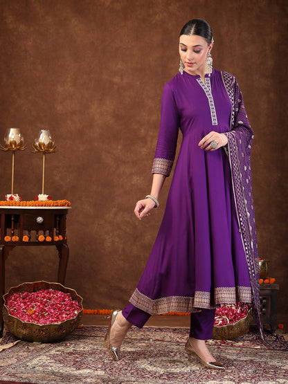 Violet Solid & Embroidered Rayon Anarkali Kurta Pant Dupatta Set