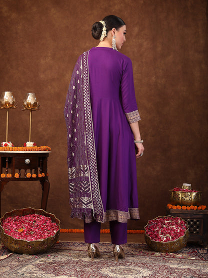 Violet Solid & Embroidered Rayon Anarkali Kurta Pant Dupatta Set