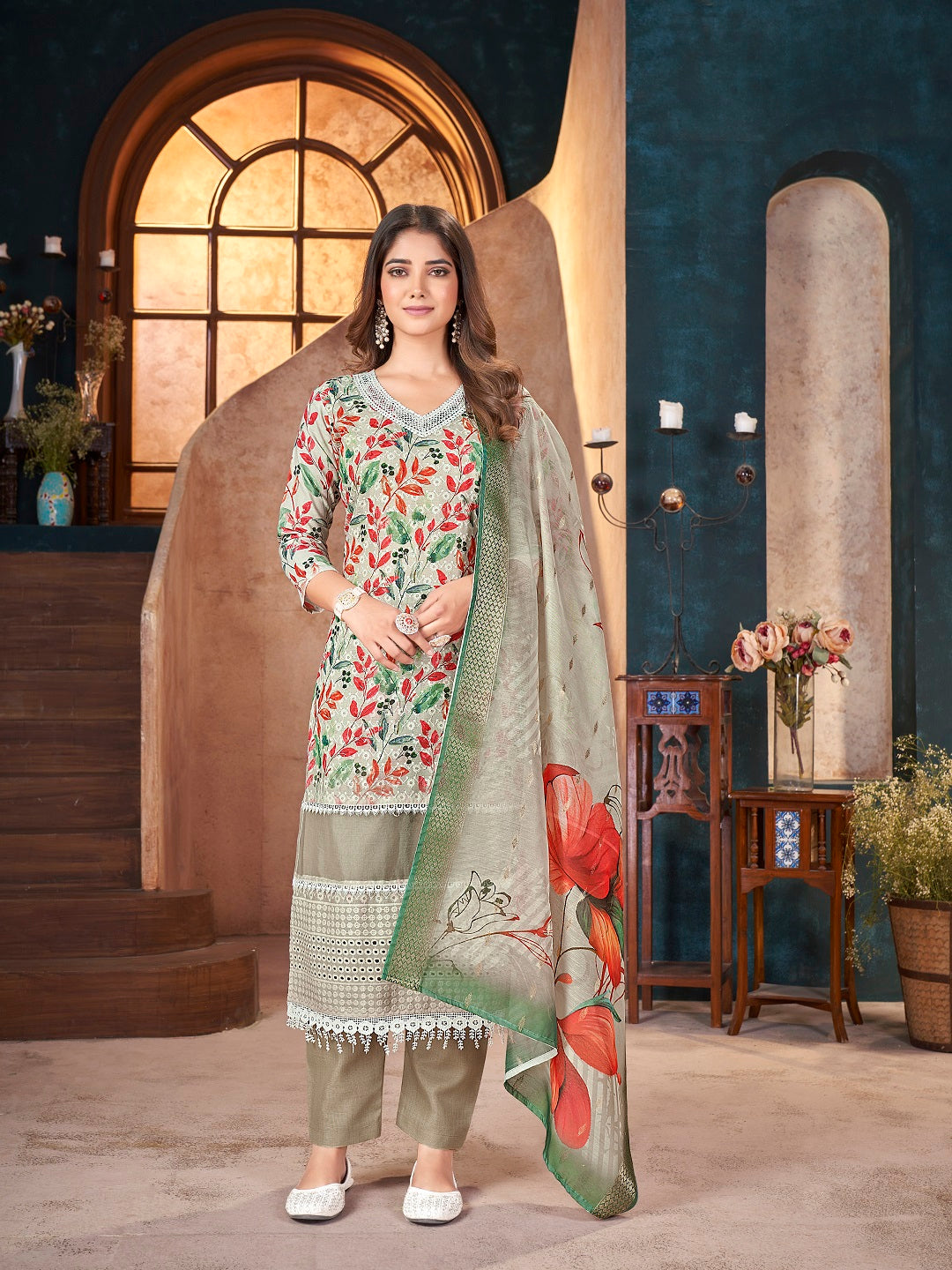 White Tropical Printed & Embroidered Cotton Straight Kurta Pant Dupatta Set