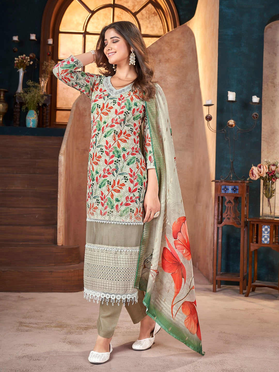 White Tropical Printed & Embroidered Cotton Straight Kurta Pant Dupatta Set