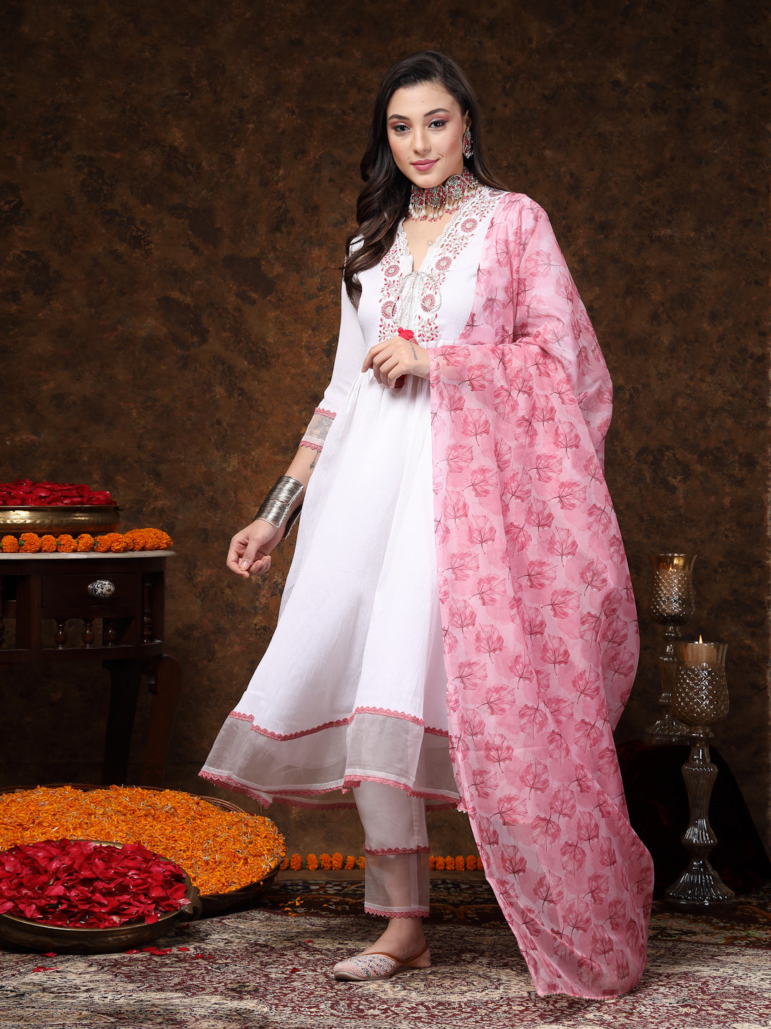 White Solid & Embroidered Italian Crush Anarkali Kurta Pant Dupatta Set