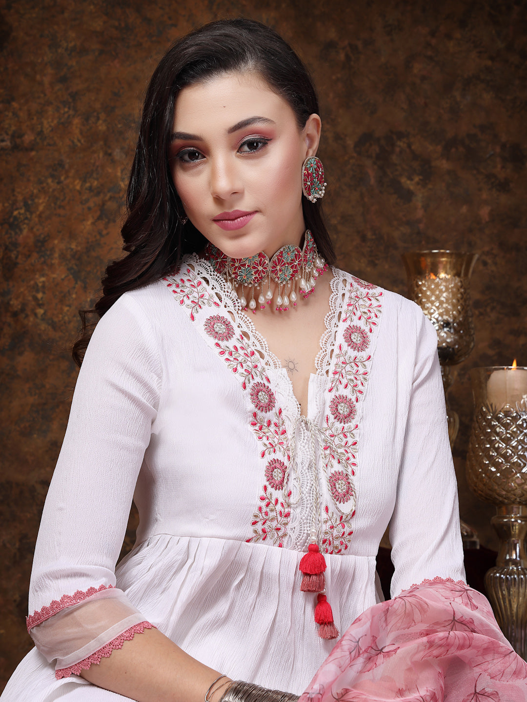 White Solid & Embroidered Italian Crush Anarkali Kurta Pant Dupatta Set