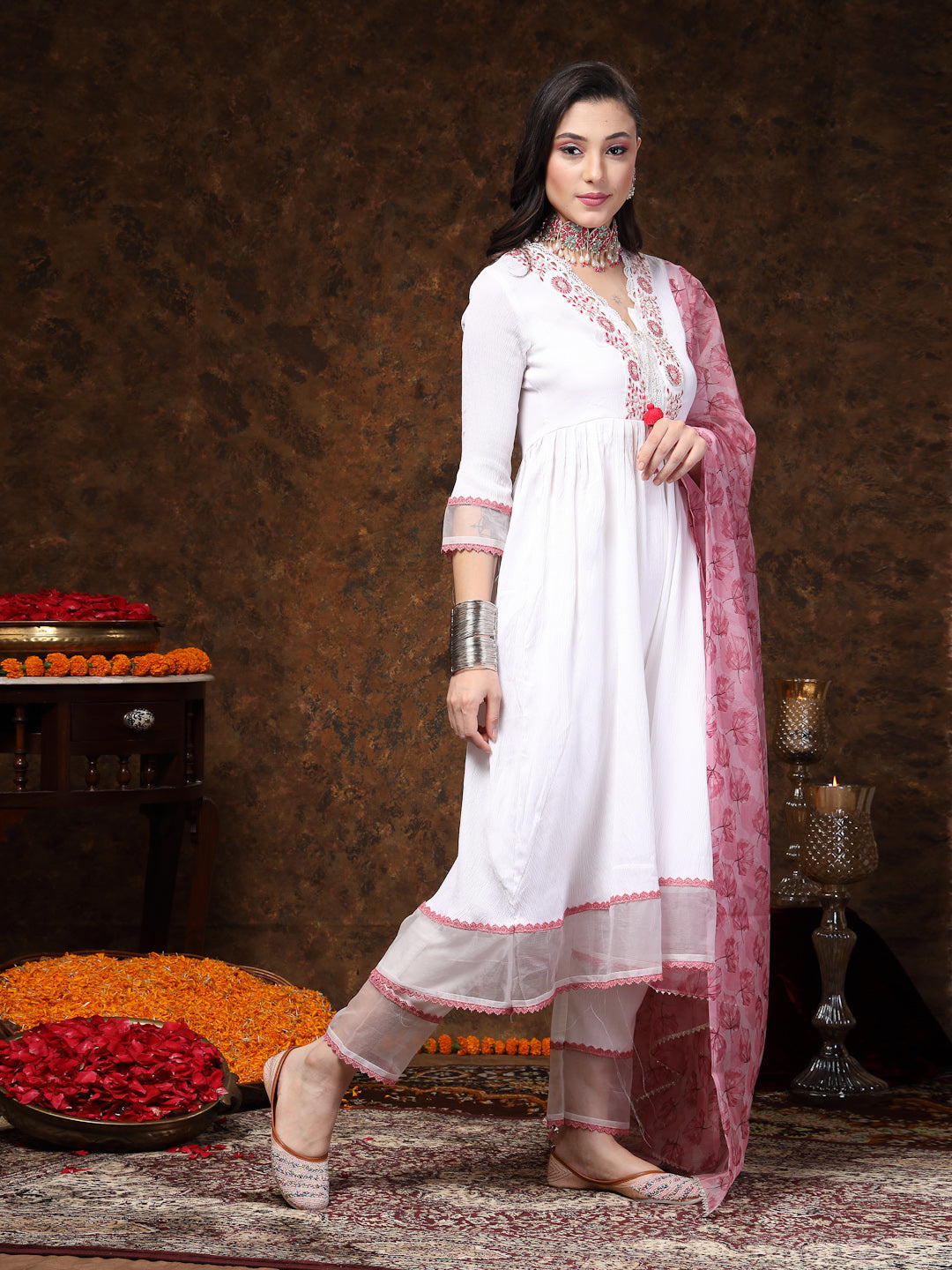 White Solid & Embroidered Italian Crush Anarkali Kurta Pant Dupatta Set