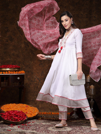 White Solid & Embroidered Italian Crush Anarkali Kurta Pant Dupatta Set