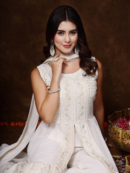 White Georgette Embroidered Tiered Kurta Pant Dupatta Set