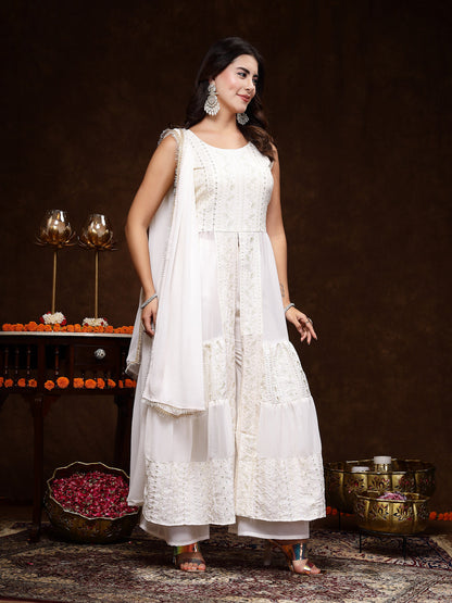 White Georgette Embroidered Tiered Kurta Pant Dupatta Set