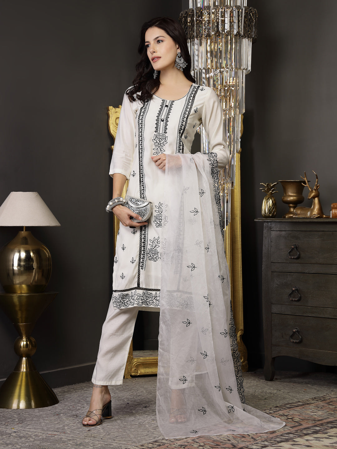 White Pakistani Solid & Embroidered Silk Blend Straight Kurta Pant Dupatta