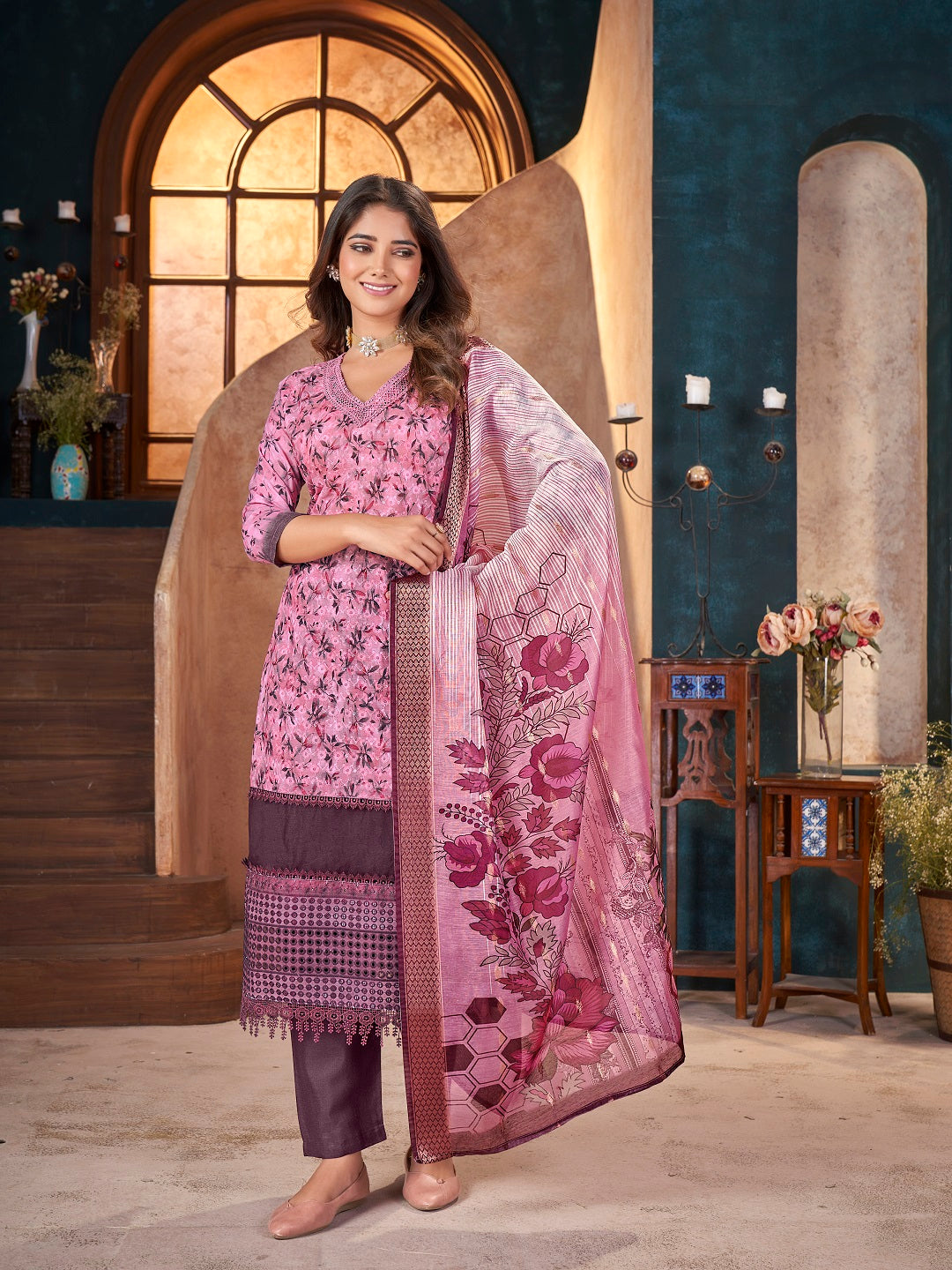 Wine Tropical Printed & Embroidered Cotton Straight Kurta Pant Dupatta Set