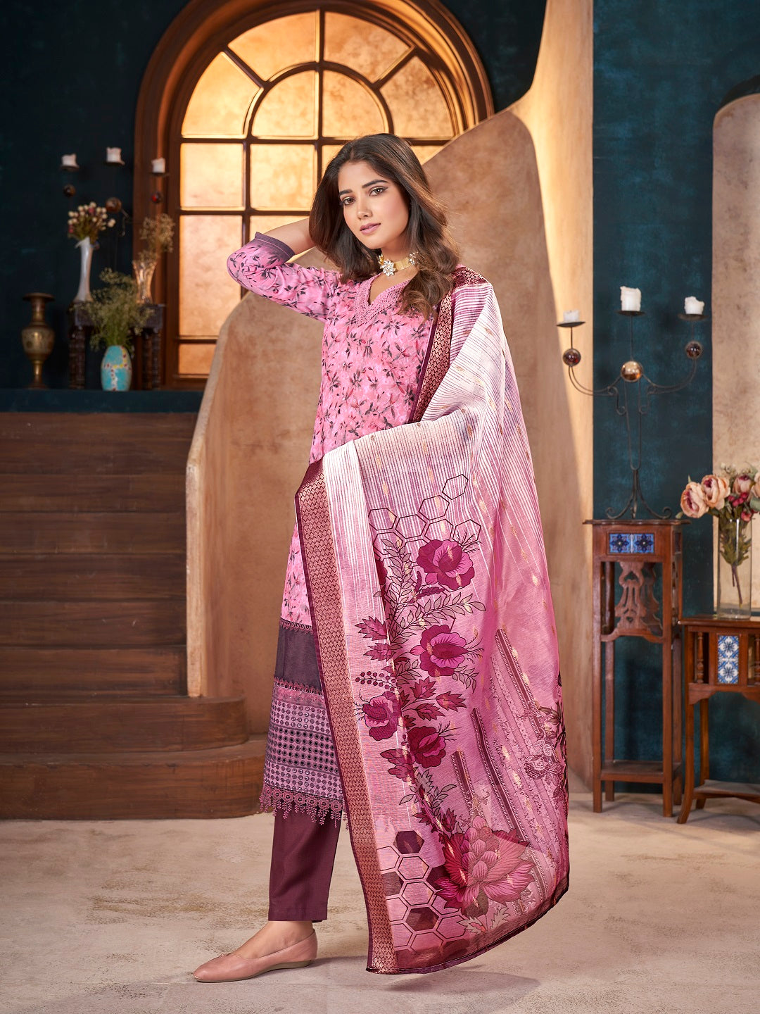 Wine Tropical Printed & Embroidered Cotton Straight Kurta Pant Dupatta Set